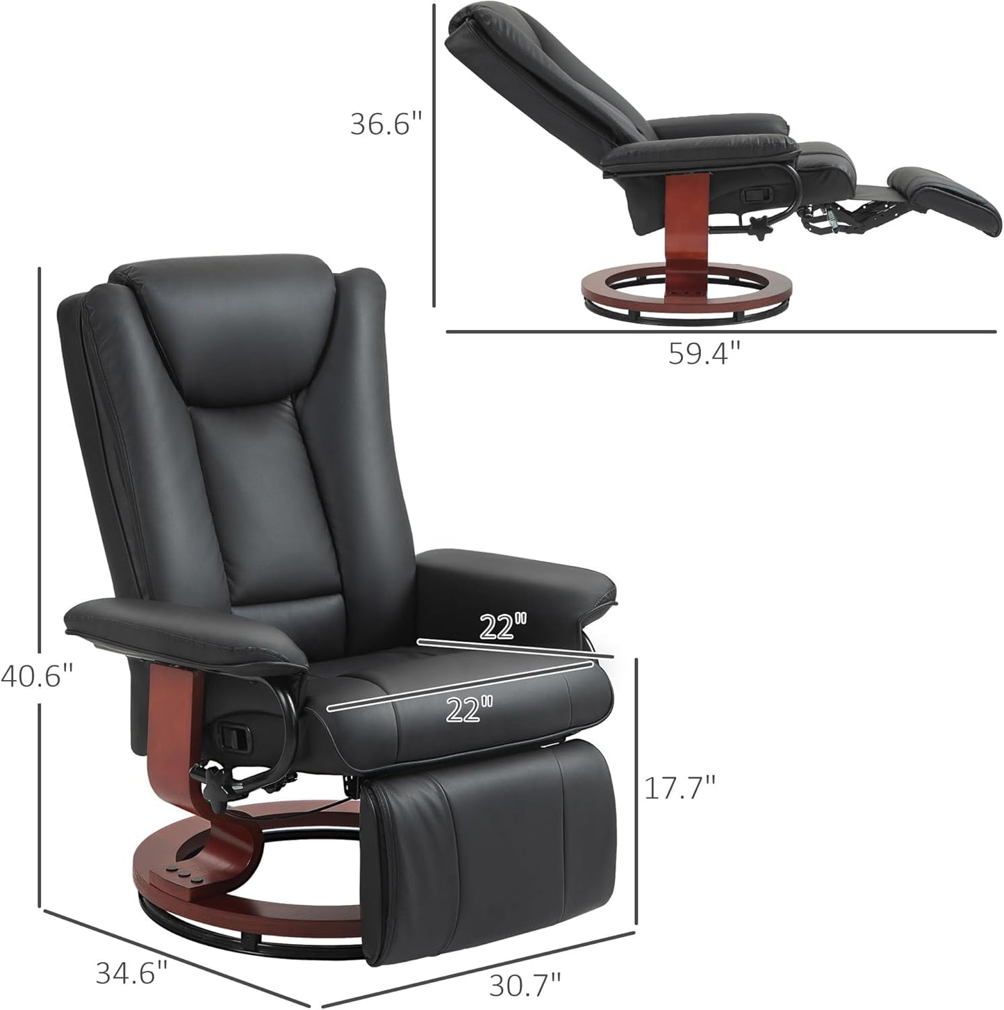Manual Swivel Recliner Chair, PU Leather Reclining Chair with Footrest for Living Room, Black-2
