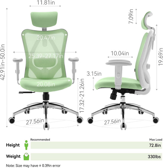 M18 Ergonomic Office Chair, Computer Desk Chair with Adjustable Headrest and Lumbar Support, High Back Executive Swivel Chair for Home Office (Light Green)-1