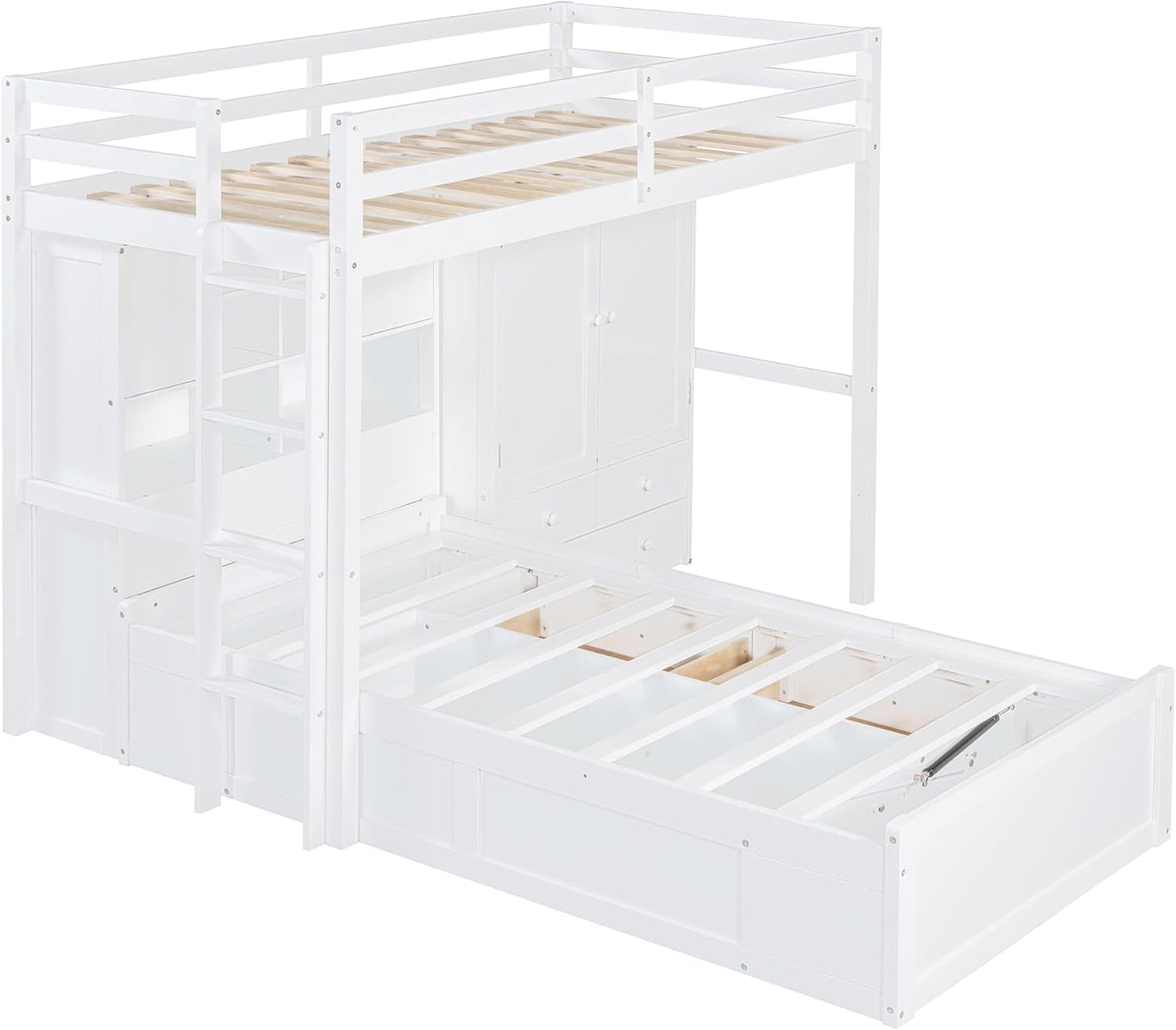 Twin Bunk Bed with Drawers, Wood Twin over Twin Bunk Bed with Wardrobe, Storage Shelves and Hydraulic Bed, White-4