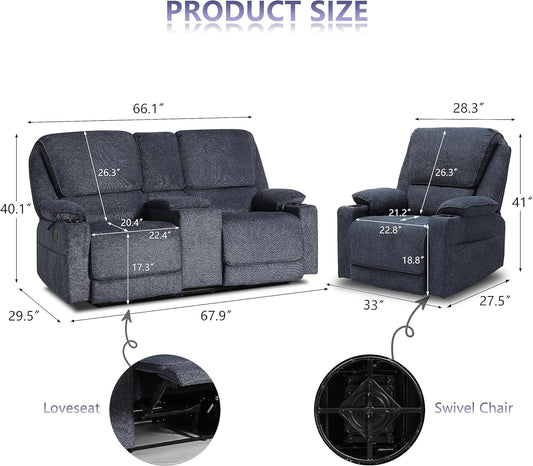 Reclining Living Room Set, 2-Piece Recliner Furniture Sofa, Loveseat Recliner and Swivel Recliner Chair with Cup Houlders for Living Room,Navy Blue-1