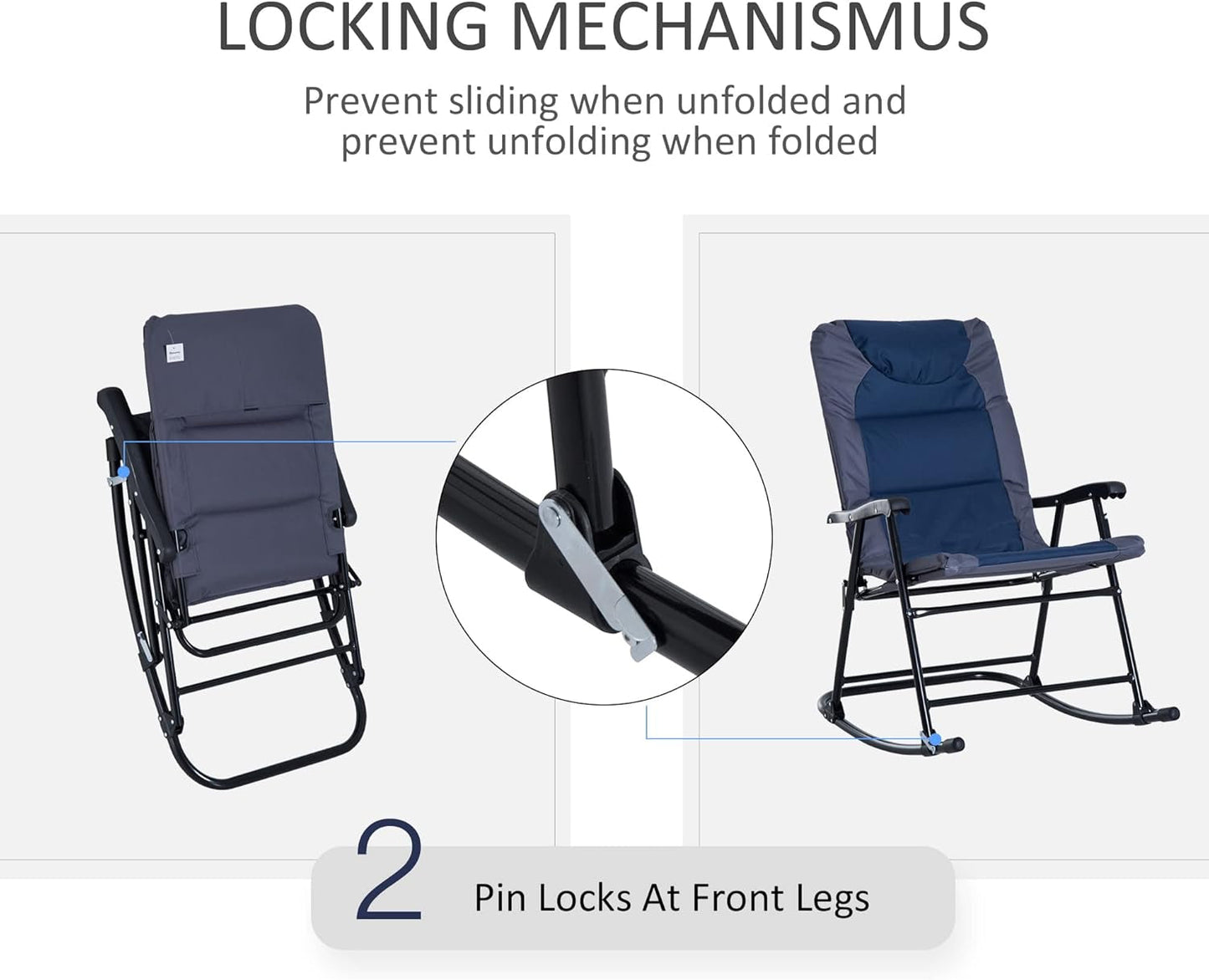 3 Piece Outdoor Patio Furniture Set with Glass Coffee Table & 2 Folding Padded Rocking Chairs, Bistro Style for Porch, Camping, Balcony, Navy Blue-3
