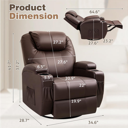 Recliner Chair, 360° Swivel Rocker Chair for Adults, Rocking Recliner Chair with Massage, Comfy Single Sofa with Side Pockets Cup Holders for Living Room, Bedroom, Nursery (Leather, Dark Brown)-1