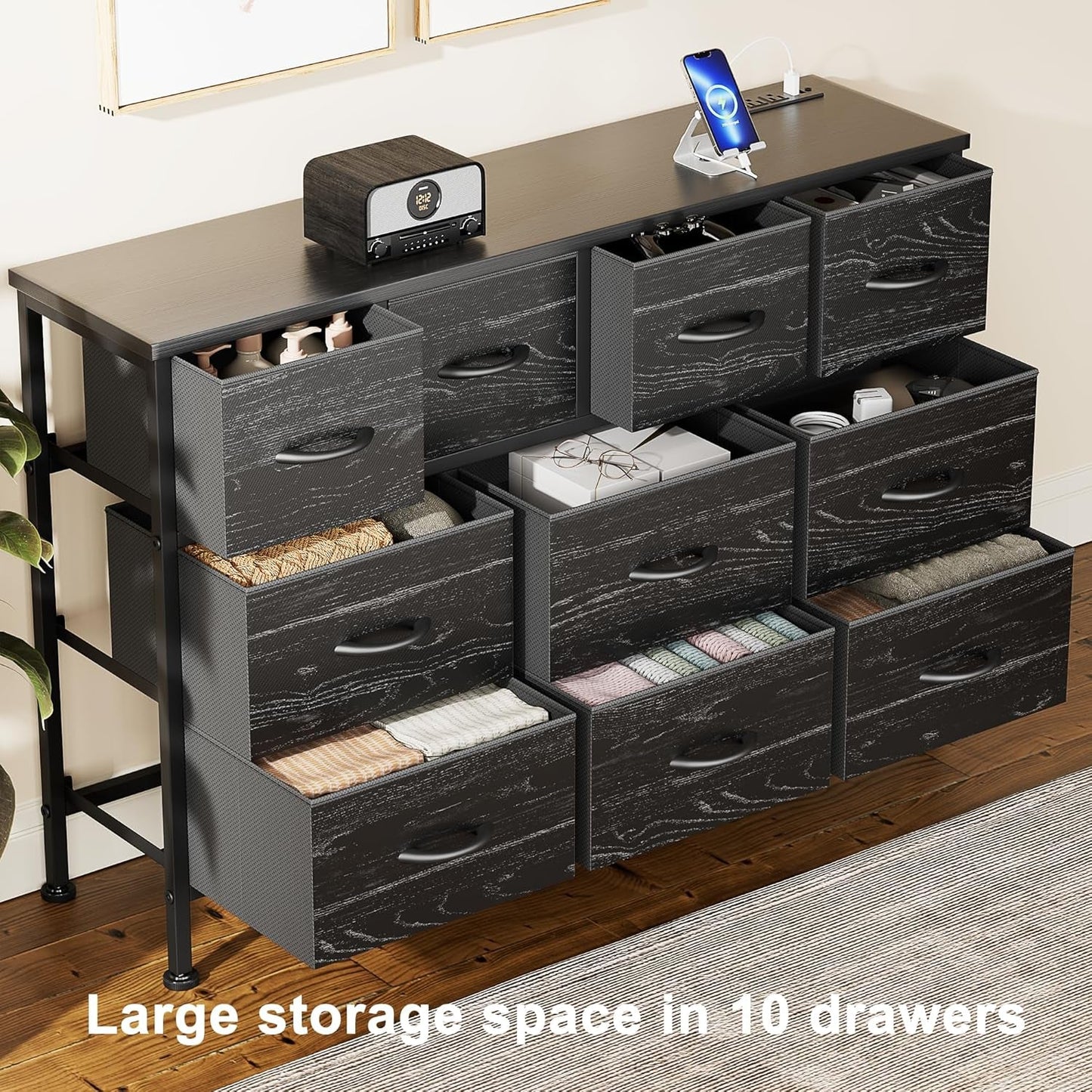 Dresser for Bedroom 10 Drawer Dresser TV Stand with Power Outlet, Entertainment Center Chest of Drawers for 55 Inch TV, Black Fabric Dresser for Bedroom Living Room Hallway Closets-3