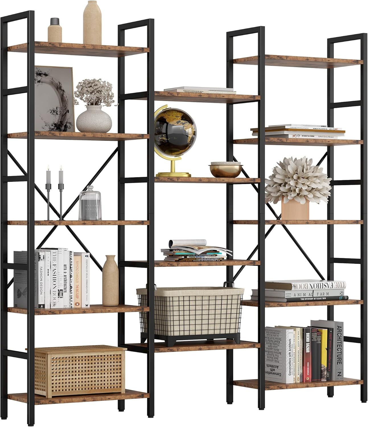 Bookcases and Bookshelves Triple Wide 5 Tiers Industrial Bookshelf, Large Etagere Bookshelf Open Display Shelves with Metal Frame for Living Room Bedroom Home Office-0