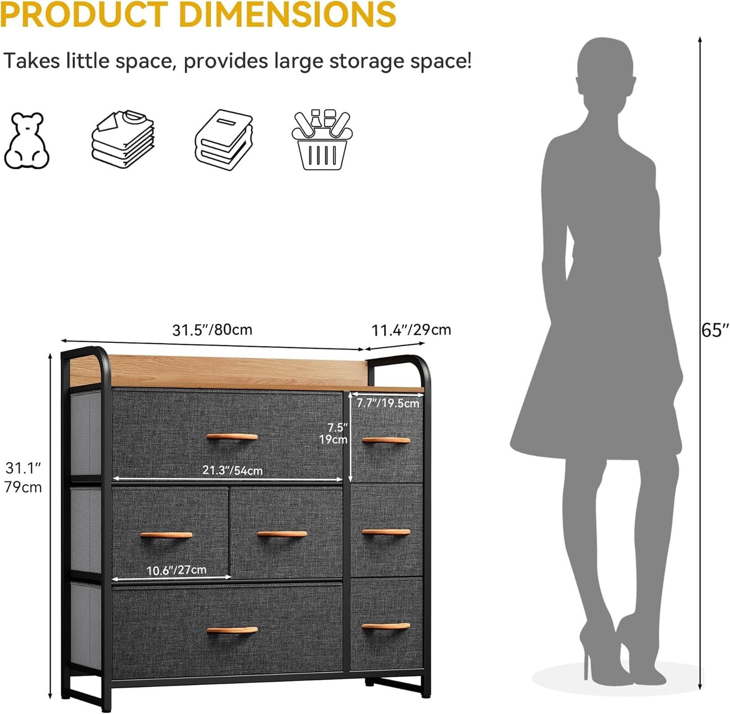 Fabric Dresser with 7 Drawers, Black Dresser & Chest of Drawers, Storage Tower with Large Capacity, Organizer Unit for Bedroom, Living Room & Closets-2