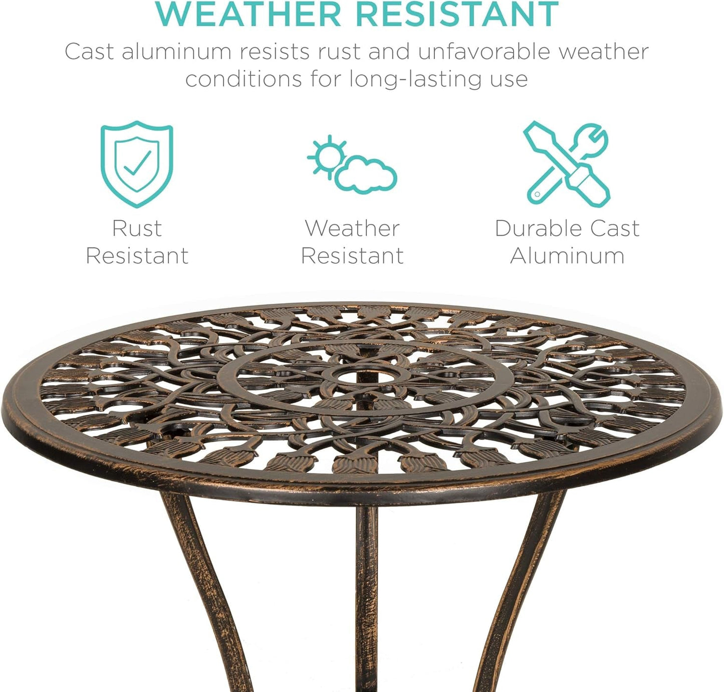 3-Piece Outdoor Rust-Resistant Cast Aluminum Patio Bistro Set W/Tulip Design, Antique Finish - Copper-2