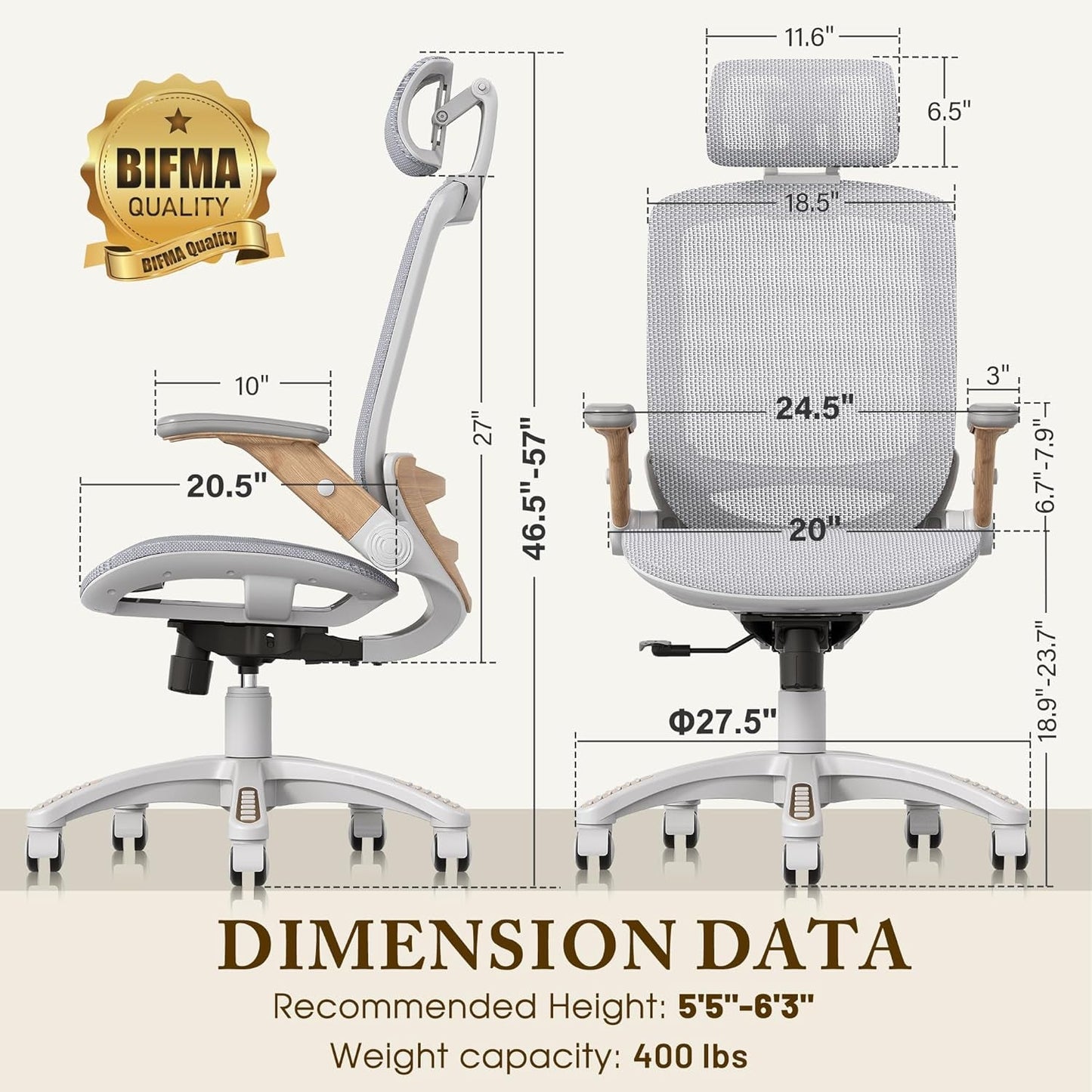 White Mesh Ergonomic Office Chair, Headrest, Tilt, 400LBS-3
