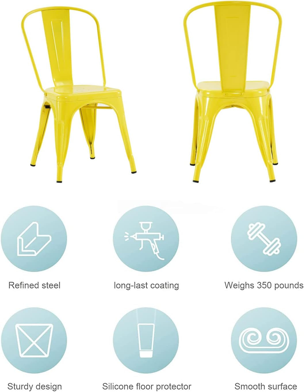 Metal Dining Chair Farmhouse Tolix Style for Kitchen Dining Room Café Restaurant Bistro Patio, 18 Inch, Stackable, Waterproof Indoor/Outdoor (Sets of 4) (Steel Seat, Yellow)-3