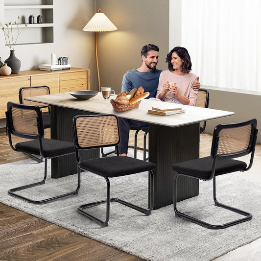 Modern Cesca Cane Dining Chairs, Set of 2, Handwoven Rattan Cane Back, Chrome Base, Upholstered Boucle Seat, Ideal for Kitchen or Dining Room, Black-1