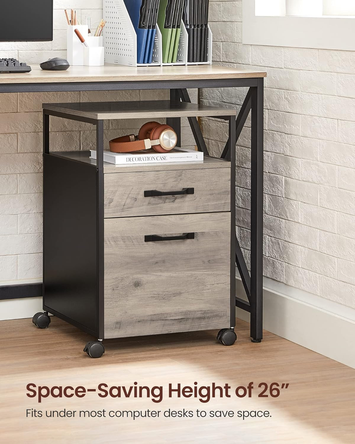 File Cabinet, Mobile Filing Cabinet with Wheels, 2 Drawers, Open Shelf, for A4, Letter Size, Hanging File Folders, Heather Greige and Ink Black UOFC071B02-4