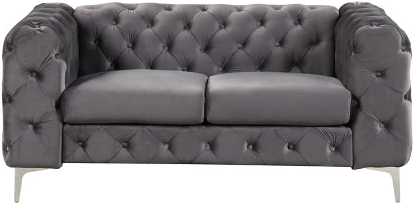 3- Piece Button Tufted Velvet Fabric Livingroom Set -Grey-2