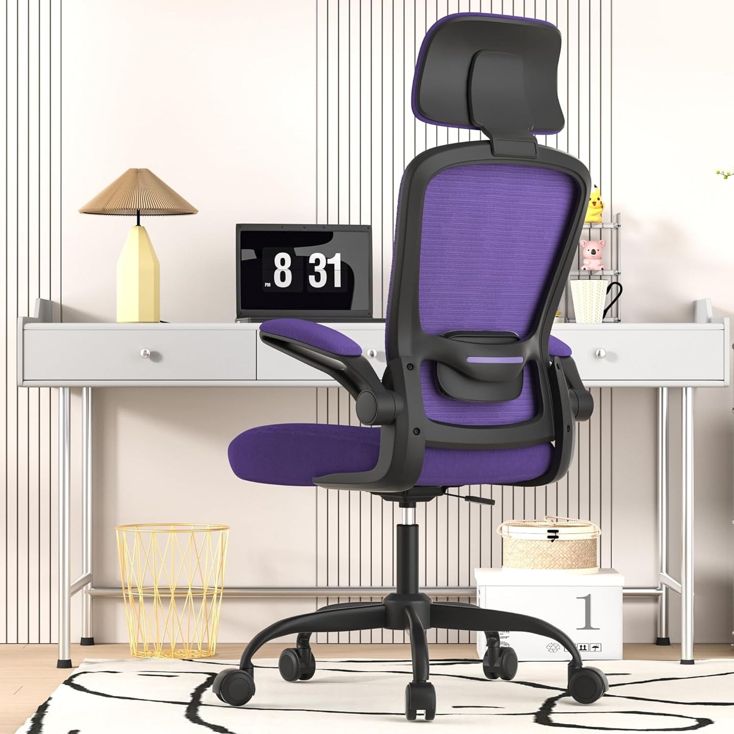 Ergonomic Mesh Office Chair, High Back Computer Desk Chair with Adjustable Lumbar Support & Headrest, Swivel Task Chair with Flip-Up Armrests for Home & Office (English, Purple)-0