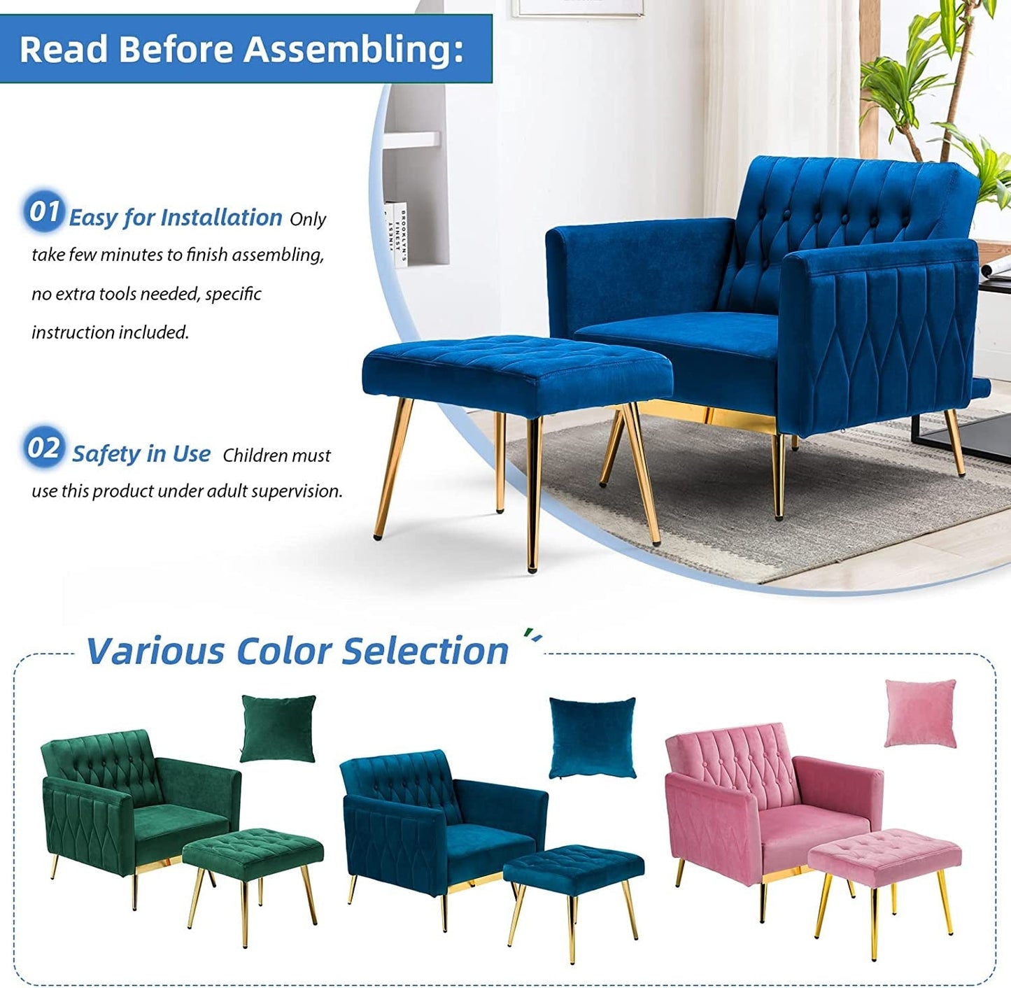 Adjustable Velvet Armchair with Ottoman, Blue-1