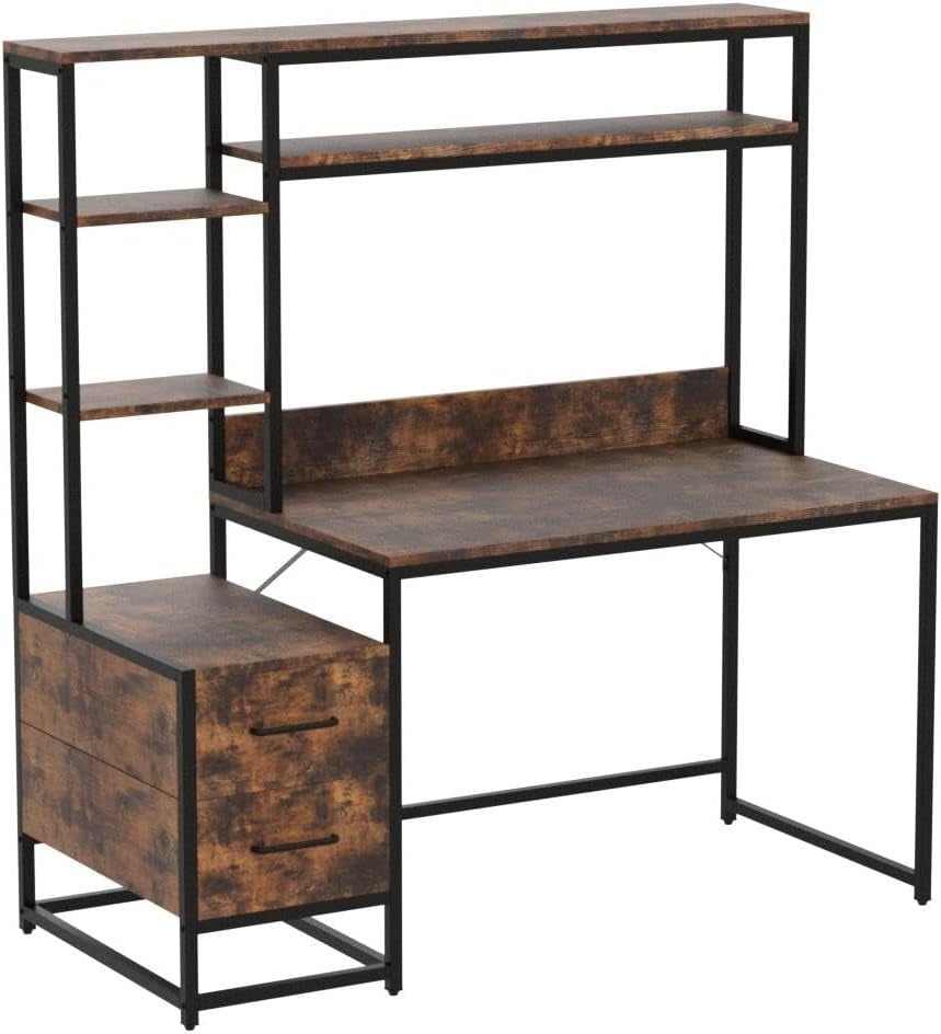 55 Inch Computer Desk with 2 Drawers and Storage Shelves, Rustic Office Desk with Hutch, Study Writing Gaming Table Laptop Workstation for Home Office (Brown)-3