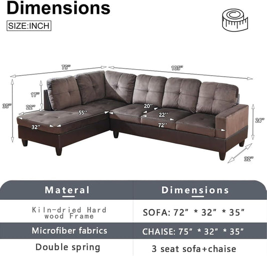 2 Pieces Sectional Sofa Sets, L-Shape Sofa Microfiber Couch Living Room Sofa Set with Chaise Using for Living Room Furniture(A-Brown, Left Hand Facing)-1