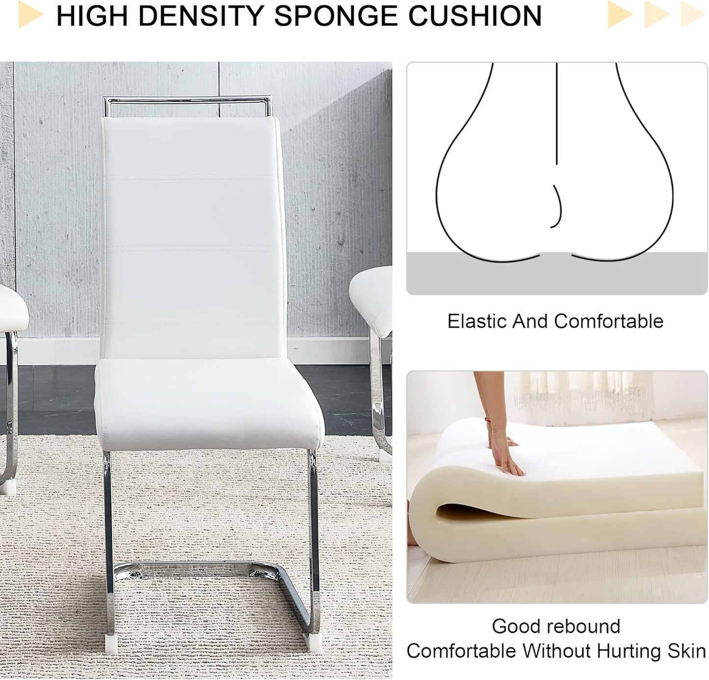 Modern Dining Chairs Set of 4, PU Faux Leather High Back Upholstered Dining Room Side Chair with Horizontal Stripe Backrest Design for Kitchen Living Room Vanity Patio Dinner Chairs, White-4