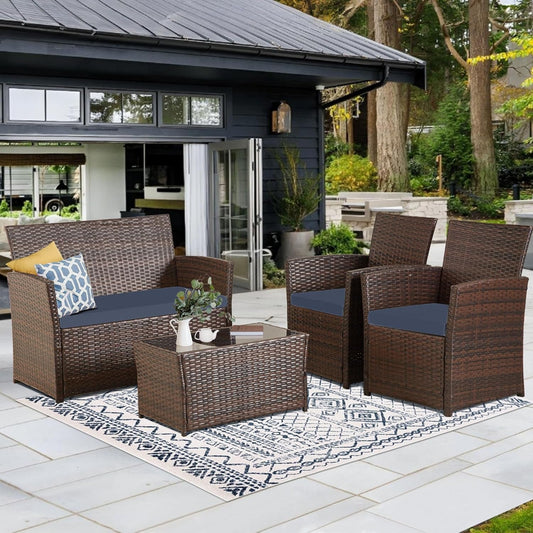 4 Piece Patio Furniture Set,Outdoor Wicker Conversation Sets,Rattan Sectional Sofa W/Coffee Table,Seat Cushions for Backyard Porch Garden Poolside (Gray/Blue)-1