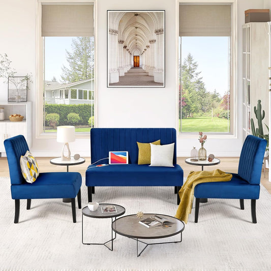 3 Piece Living Room Furniture Set with USB, Mini Small Comfy Couch for Bedroom, Accent Chairs and Loveseat Sofa Couch Set, Small Couch for Small Space, Apartment (Blue Velvet, 1+1+2(Armless))-1