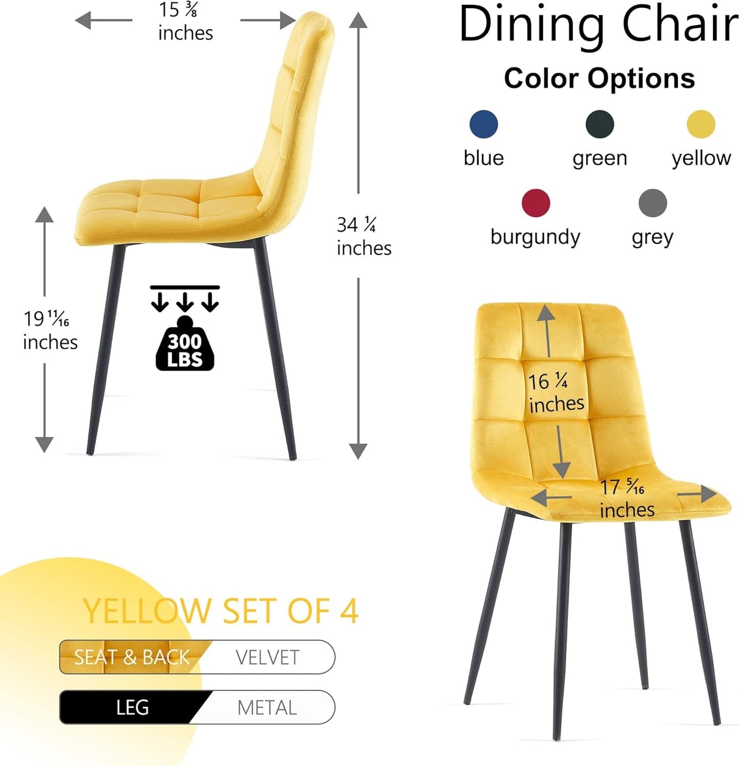 Yellow Velvet Dinner Chairs Set of 4, Modern Armless Biscuit Tufted Dining Side Chairs with Metal Legs for Kitchen Living Room Vanity-2
