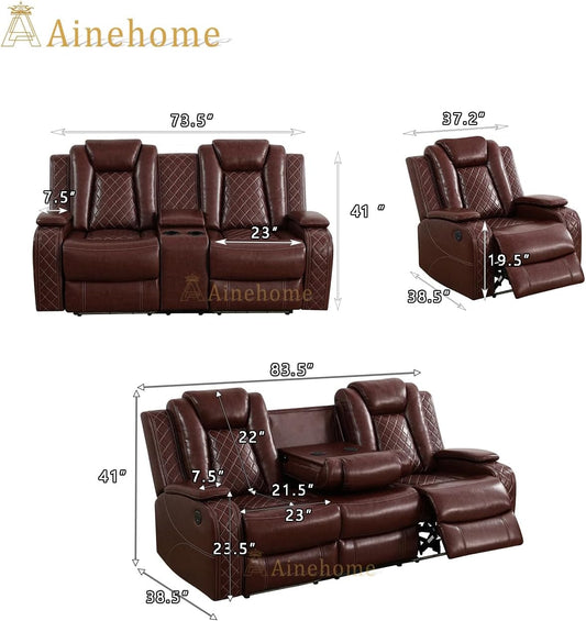 Luxury Living Room Furniture Sets Power Recliner Sectional Sofa Recliner Couch Set Recliner Leather Couch and Recliner Set Loveseat Chair for House/Office/Theater Seating(A-Brown)-1