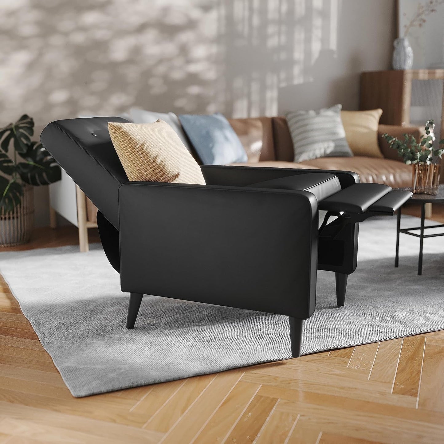 Ezra Pushback Recliner - Mid-Century Modern Black Leathersoft Upholstery - Button Tufted Back - Residential & Commercial Use-4