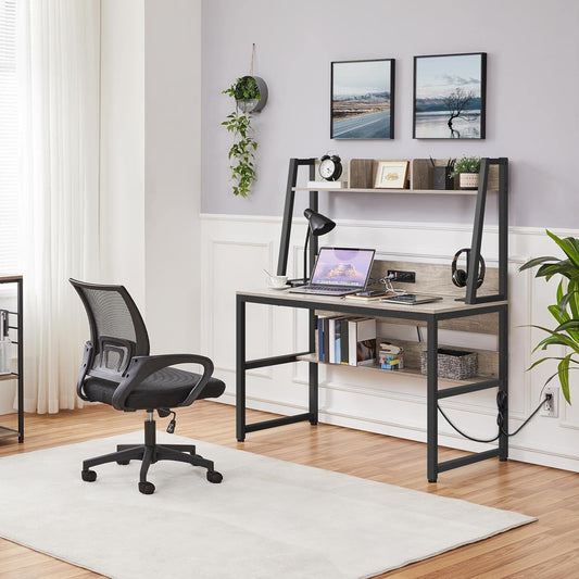 Home Office 47 Inch Writing Desk with Power Outlets and 2 USB Charging Ports for Studying, Gaming Table Computer Desk with Hutch and Bookshelf, Metal Frame Workstation for Office, Gray-1