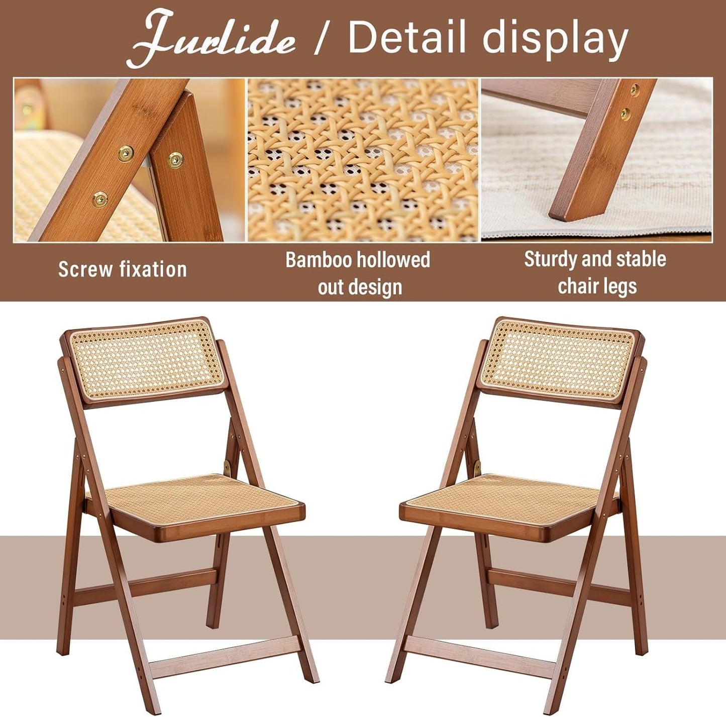 Rattan Folding Chair, Modern Mid Century Dining Chairs Set of 1, Comfy Outdoor Bamboo Chairs for Bedroom Living Room Reading Room Dining Kitchen, Walnut-3