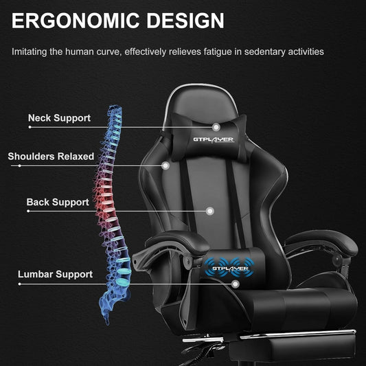Gaming Chair, Computer Chair with Footrest and Lumbar Support, Height Adjustable Game Chair with 360°-Swivel Seat and Headrest and for Office or Gaming (Faux Leather, Black)-1
