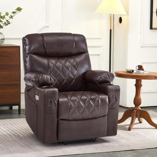 Small Size Power Lift Recliner Chair Sofa with Massage and Dual Heating, Adjustable Headrest for Elderly People Petite, USB Ports, Faux Leather 7111 (Dark Brown)-1