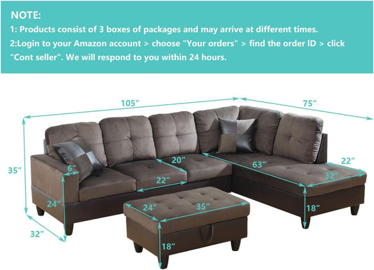 Dark Brown Sectional Couch for Living Room Set, 105 Inch Sectional Sofa L Shaped Couch with Storage Ottoman/Microfiber Fabric/Facing Right Chaise-1