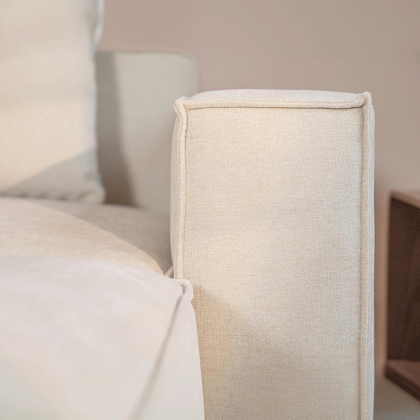 Luxury Modular Sectional Living Room Sofa Set, Modern Minimalist Style Couch with Ottoman and Chaise, L-Shape, Linen-Like Cream-4