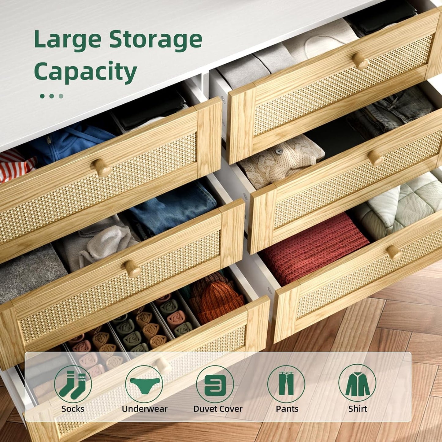 6 Drawer Rattan Modern Dresser for Bedroom, Wooden Dresser Chest with Handles for Bedroom, Living Room and Hallway, White-4