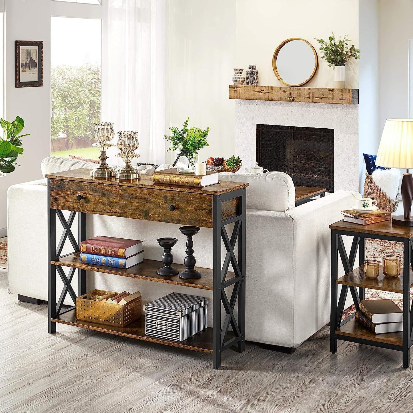 Rustic Brown Industrial Console Table with Drawer-3