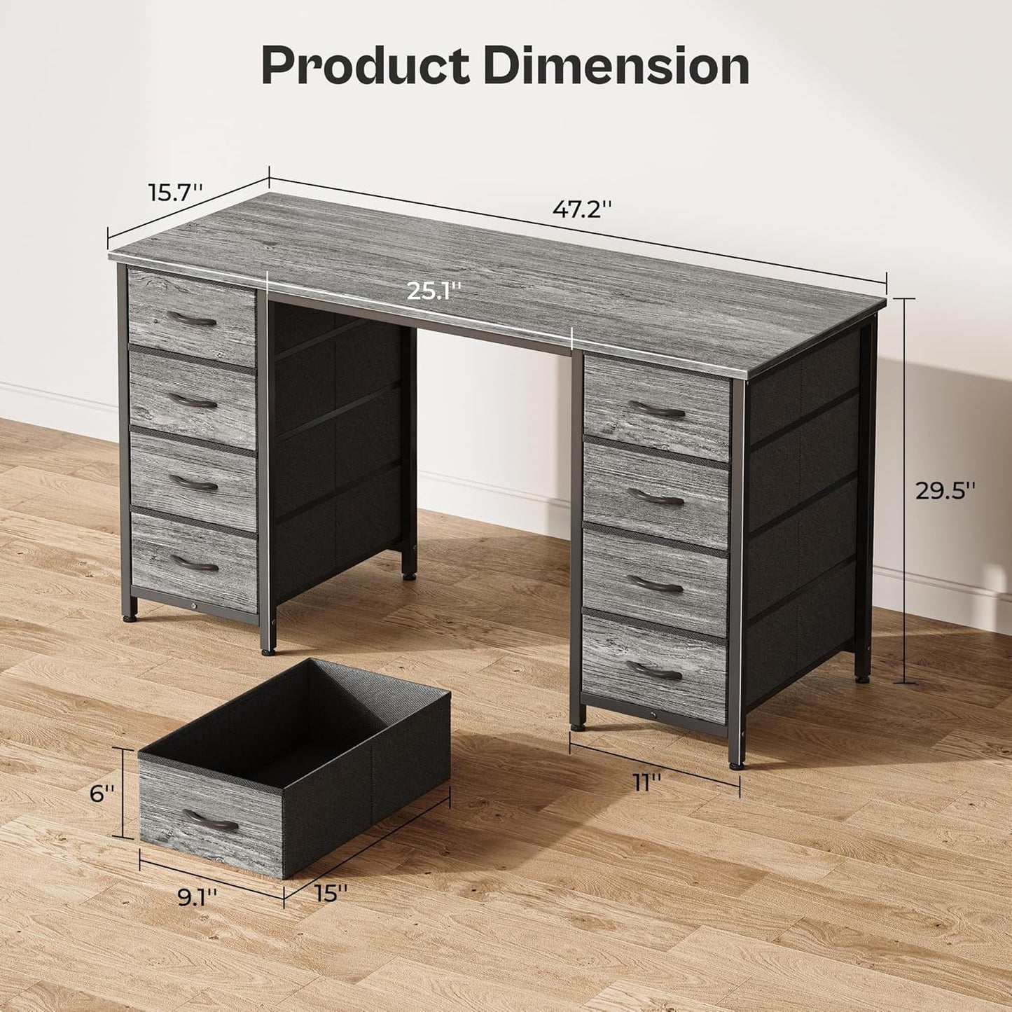 47 Inch Computer Desk with 8 Drawers, Office Desk Work Desk for Home Office, Study, Gaming Desk with Fabric Drawers, Large Storage, Grey-2