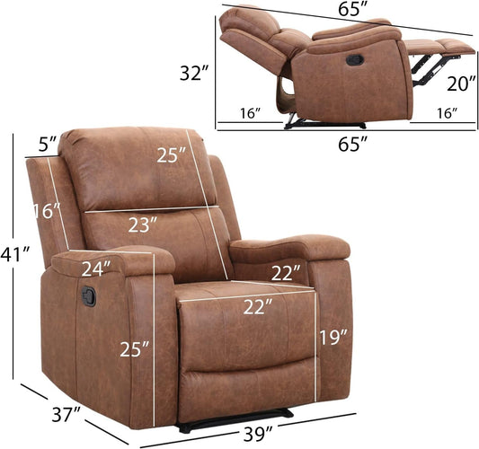 Leather Recliner Chair, Classic and Traditional Manual Recliner Chair with Overstuffed Arms and Back, Manual Single Sofa with Concealed Cup Holders, Brown-1
