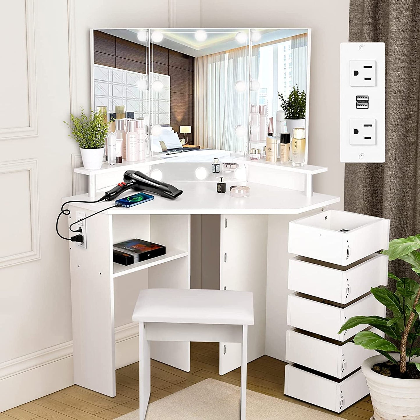 Corner Vanity Desk with Lights and Drawers-1