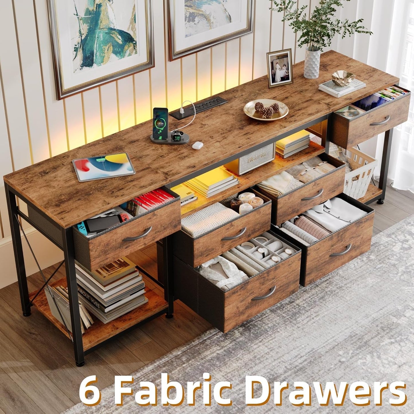 LED TV Stand with 6 Fabric Drawers and Power Outlet for 55 60 65 Inch Tvs, Entertainment Center with Open Storage Shelves, Dresser TV Stand for Bedroom/Living Room,Rustic Brown-3
