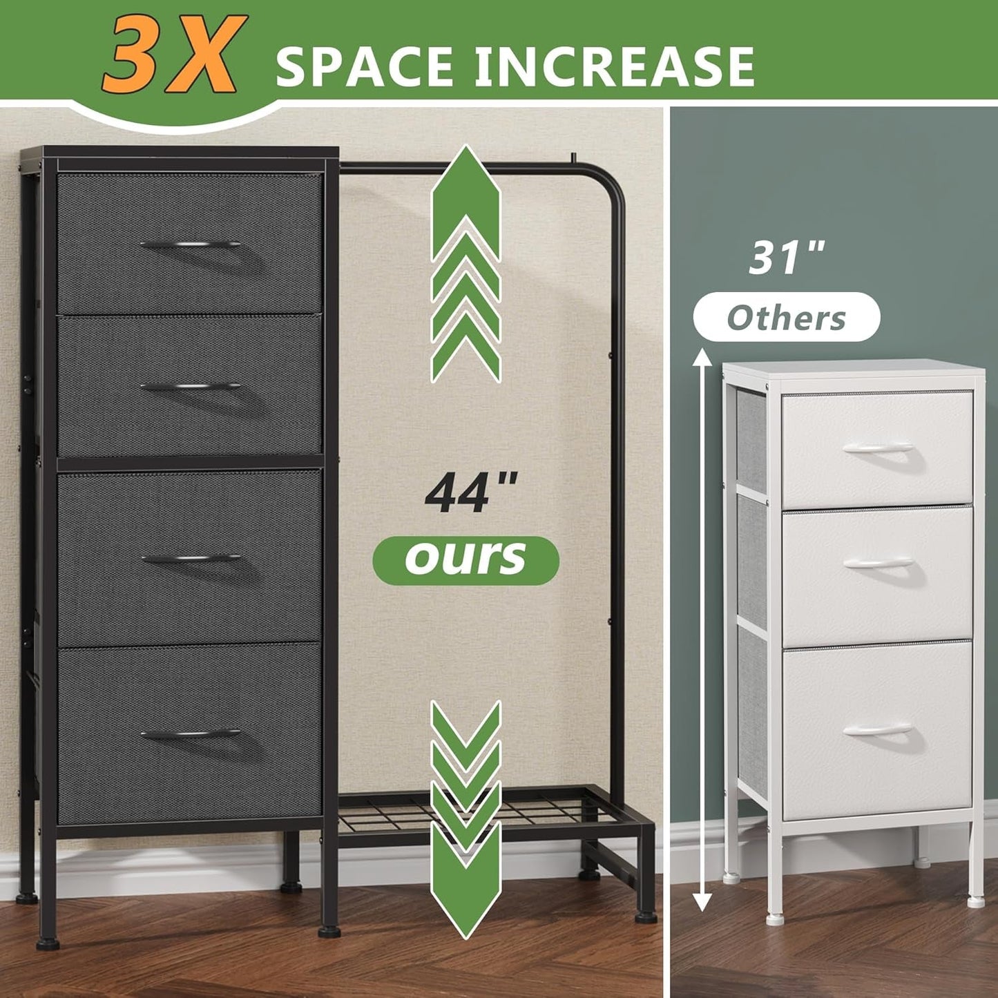 Dresser with Hanging Rack, 4 Drawers Small Dresser for Bedroom, Reversable Fabric Kids Dresser for Closet with Clothes Rack, Tall Chest of Drawers, Sturdy Frame, Grey, 44''H-3