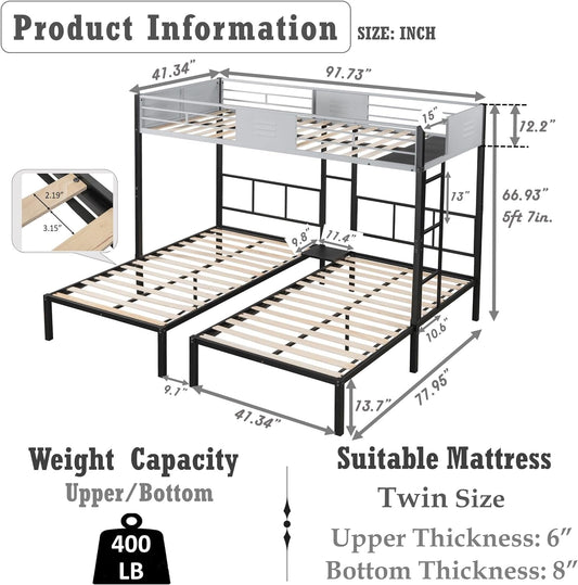Twin Triple Bunk Bed with Vent Board for Kids,Metal Bedframe with Wood Slat Support,Separates into 3 Beds,No Box Spring Needed,Black-1