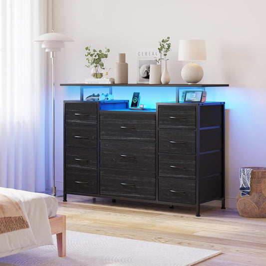 11 Drawers Dresser with Fabric Drawers,Charging Station, LED Lights and Shelves for Bedroom, Living Room, Hallway, Nursery Storage Organization (Black Wood Veins)-1