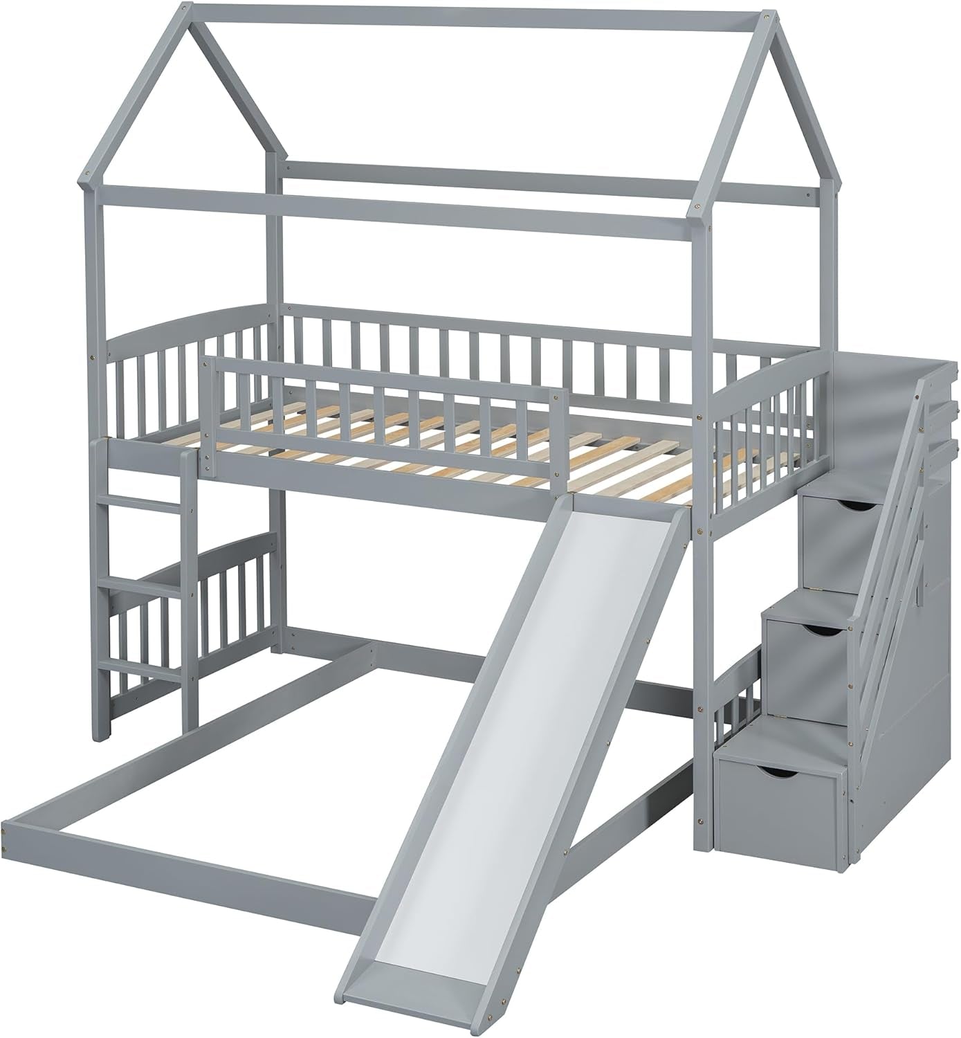 House Loft Bunk Bed Frames with Slide, Stairs and Storage Drawers No Box Spring Needed, Gray, Twin over Twin with Bottom Beds-4