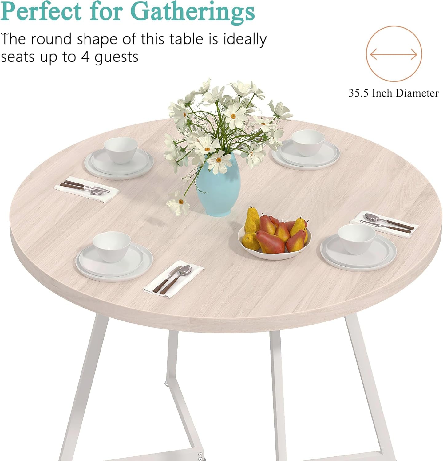 35" round Dining Table for 4, Wood-Grain Tabletop & Heavy-Duty Steel Frame, for Kitchen, Living Room, Easy Assembly, Natural Wood-3