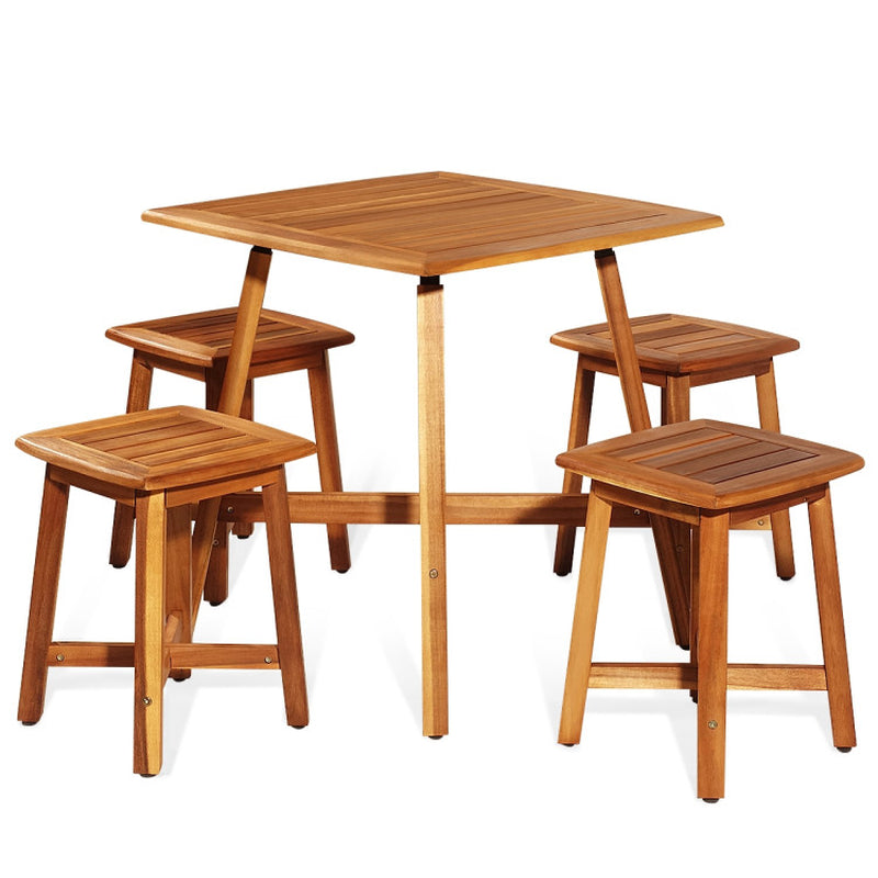 5 Pieces Wood Patio Dining Set with Square Table and 4 Stools-2
