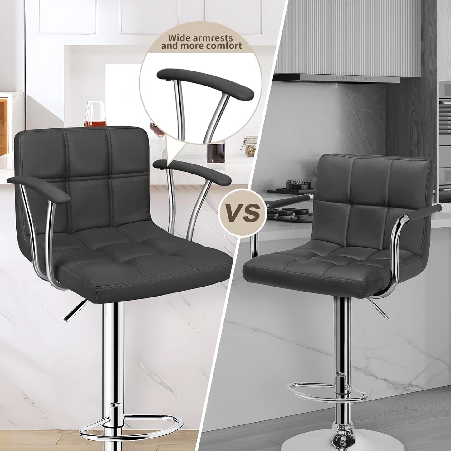 Bar Stools Set of 2,Armrest Adjustable Swivel Barstools with Back,Double Needle PU Leather Counter Height Bar Stools for Kitchen Island, Grey-3