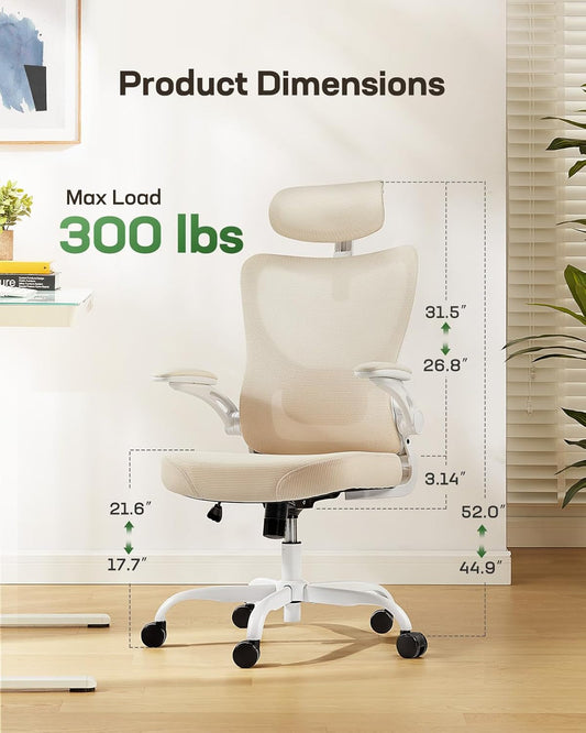 Ergonomic Office Chair: Office Computer Desk Chair with High Back Mesh and Adjustable Lumbar Support Rolling Work Swivel Task Chairs with Wheel 3D Armrests and Headrest (White)-1