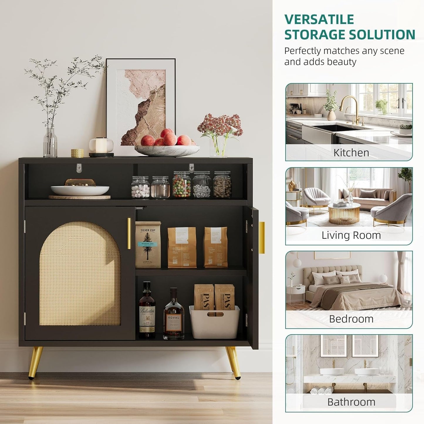 Black Rattan Buffet Cabinet 31.5" with Adjustable Shelves-3