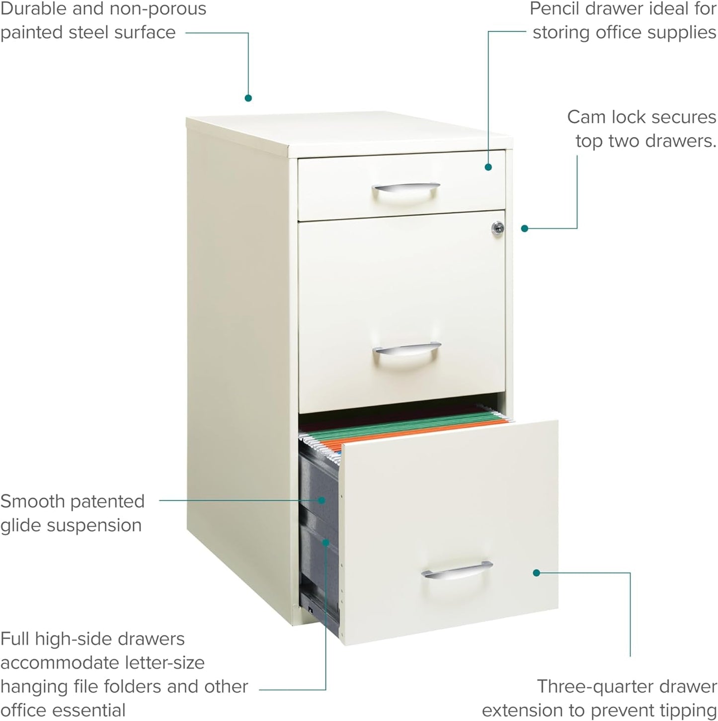 Hirsh 18" Deep 3-Drawer Contemporary Metal File Cabinet, Letter Size, Smooth Glides, for Small Office/Home Office, in Pearl White-4