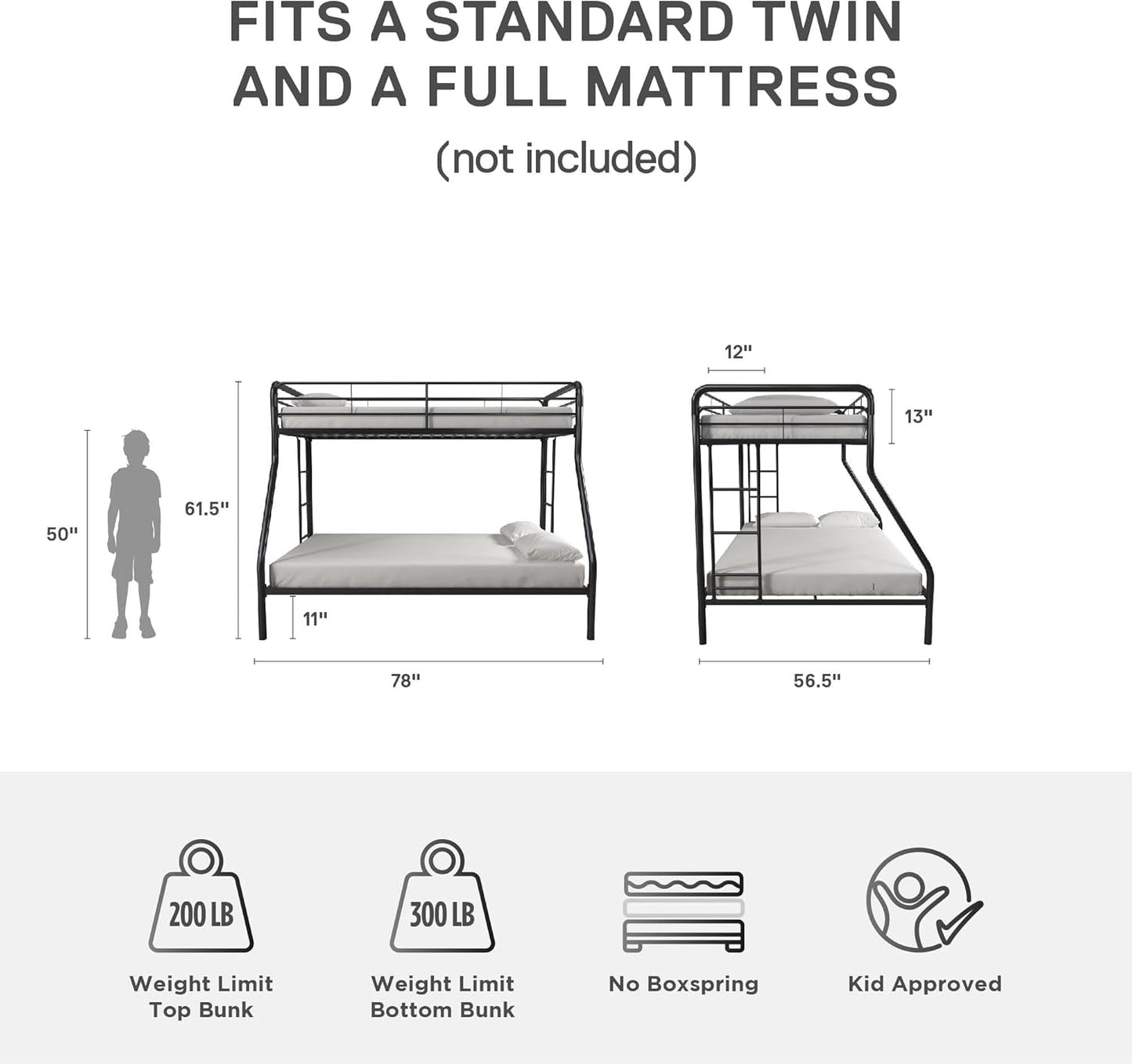 Dusty Metal Bunk Bed Frame for Kids, Teens, and Adults, with Angled Ladder, High Full Length Guardrail, Smooth Rounded Edges, No Boxspring Required, for Small Spaces, Twin-Over-Full, Black-1