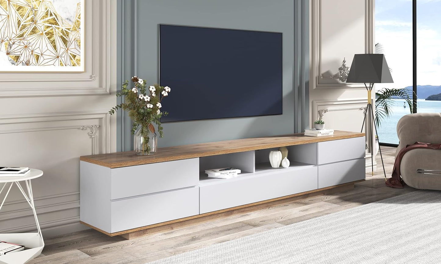 Wood TV Stand Entertainment Center with Storage Cabinets & Open Shelves, Modern TV Console Table for Tvs up to 80” for Living Room Bedroom (White)-1