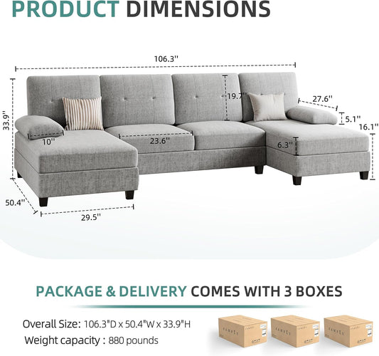 Sectional Sofa Couches for Living Room, U Shaped Sofa Living Room Furniture Sets, 4 Seat U Shaped Sofa Sectional Couch with Chaise, Grey-1